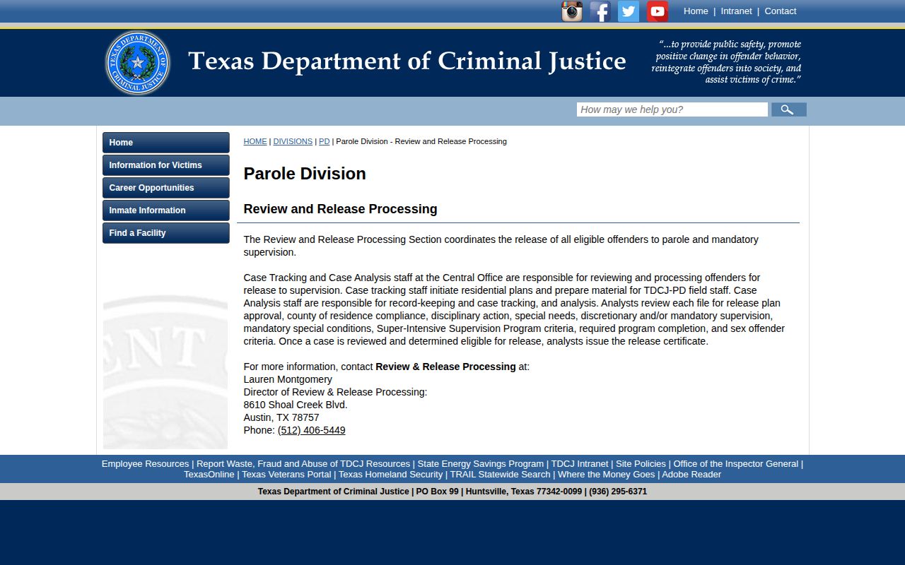 Coleman County parole release processing information