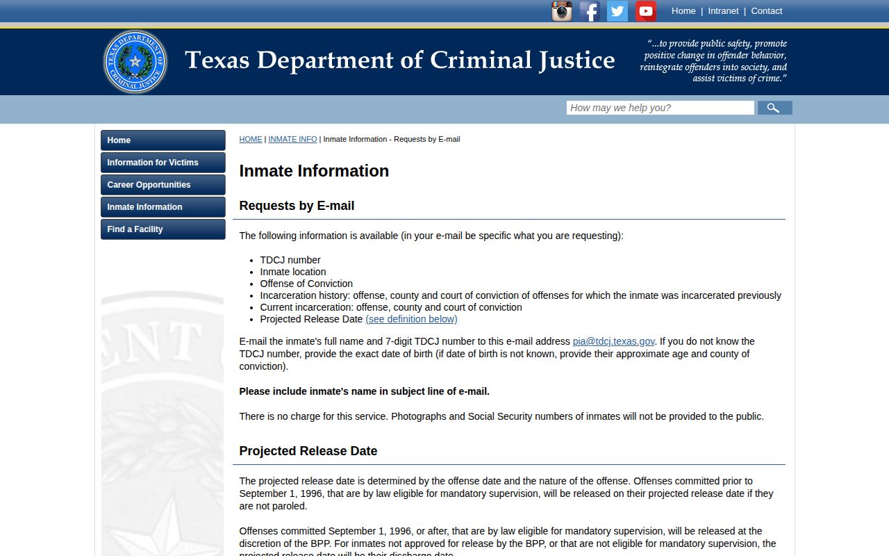 Coleman County projected release date definition from TDCJ