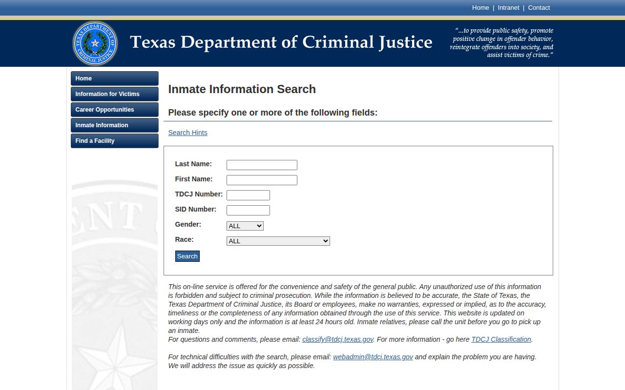 TDCJ search form for Coleman County release and transfer checks
